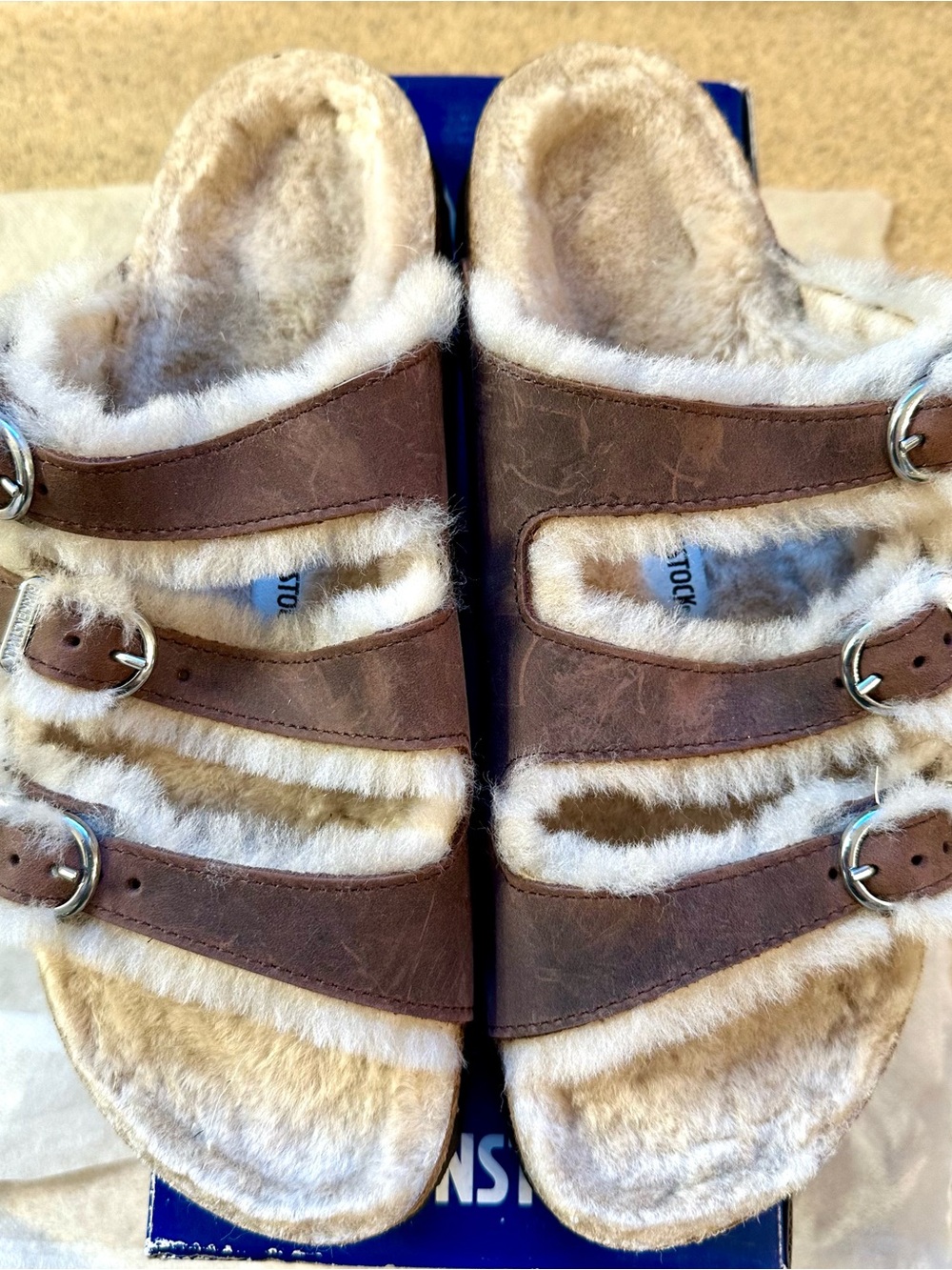 Birkenstock Florida Fresh Shearling Brown Faux-Fur Triple Buckle Slides